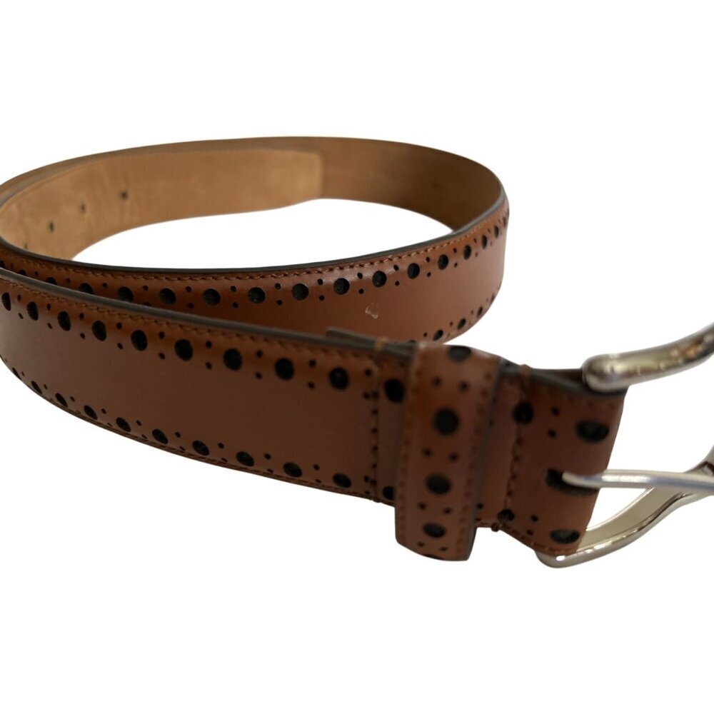 Cole Haan Brown Leather Belt With Black Dot Pattern & Silver Buckle